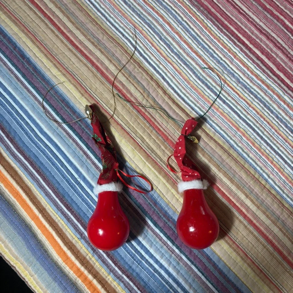 Vintage Hand Painted Light Bulb Santa Ornaments Set of 2 Christmas Folk Art Red